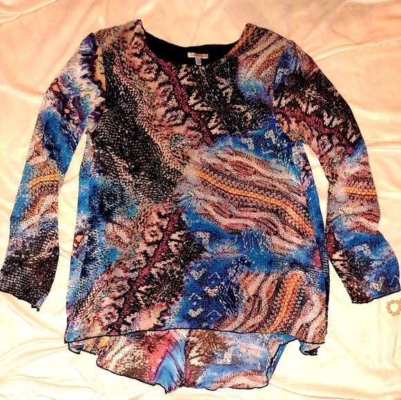 LINEA DOMANI BLUE PRINTED TOP SHEER FRONT LAYER W/BLACK UNDER LINING - Picture 3 of 10